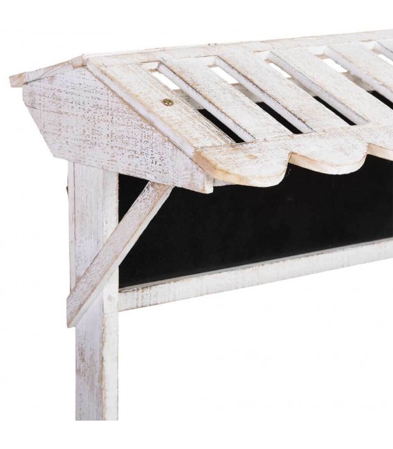 Carro expositor vintage en madera blanca y ratán con pizarra frontal.3