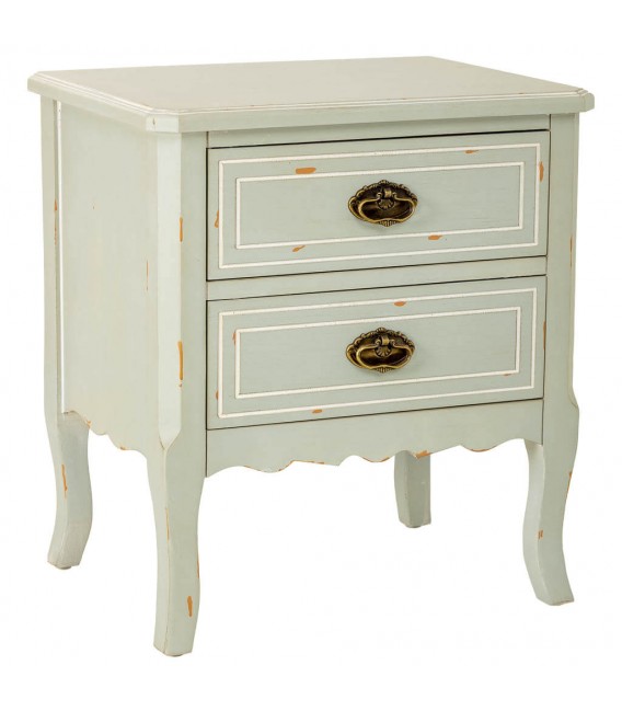 Mesita rústica verde musgo con 2 cajones y acabado envejecido. Mdmhogar