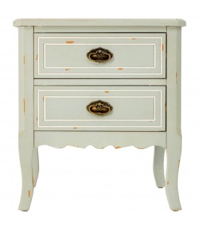 Mesita rústica verde musgo con 2 cajones y acabado envejecido.