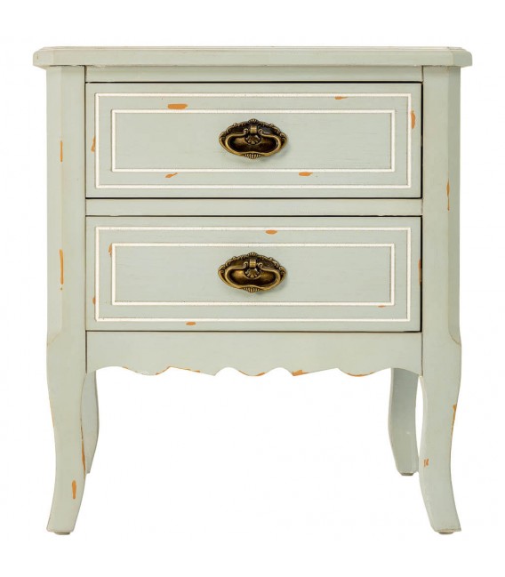 Mesita rústica verde musgo con 2 cajones y acabado envejecido.