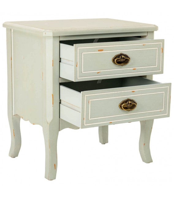 Mesita rústica verde musgo con 2 cajones y acabado envejecido. 1