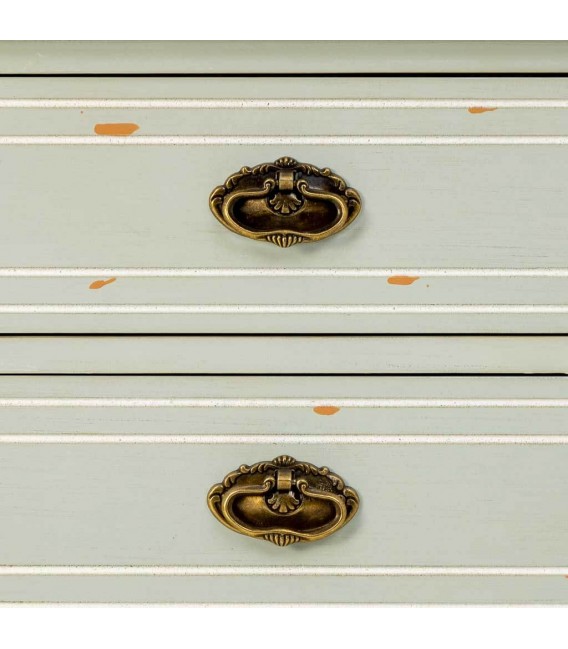 Mesita rústica verde musgo con 2 cajones y acabado envejecido. 4