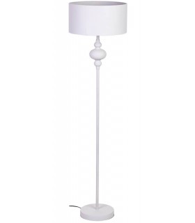 Lámpara de pie blanca con pantalla textil y base metálica elegante.