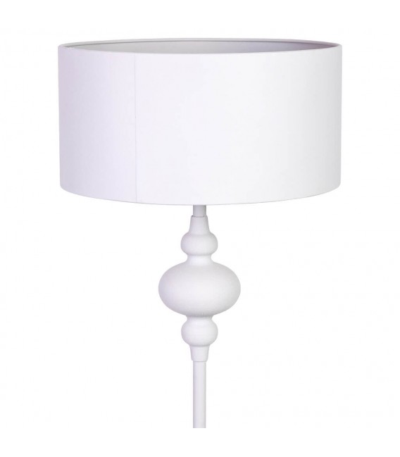 Lámpara de pie blanca con pantalla textil y base metálica elegante. 
1