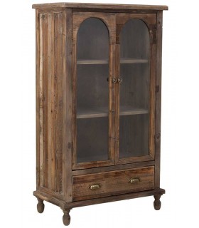 Vitrina baja de madera reciclada con puertas acristaladas y cajón. Mdmhogar