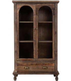 Vitrina baja de madera reciclada con puertas acristaladas y cajón.