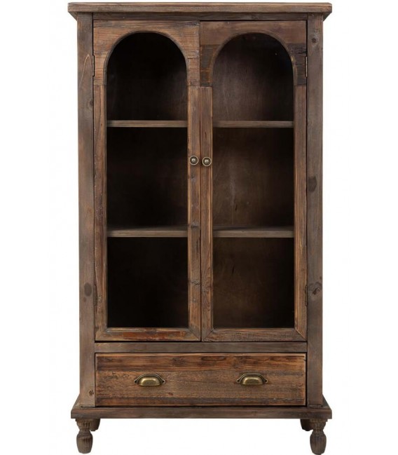 Vitrina baja de madera reciclada con puertas acristaladas y cajón.