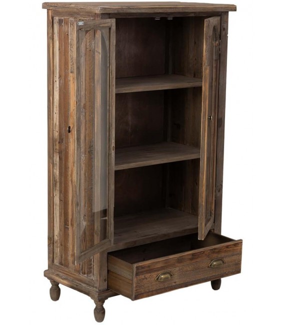 Vitrina baja de madera reciclada con puertas acristaladas y cajón. 1