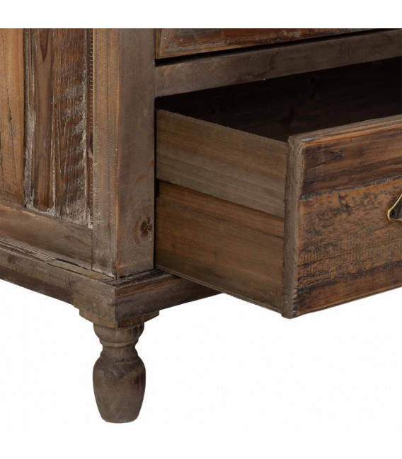 Vitrina baja de madera reciclada con puertas acristaladas y cajón. 2