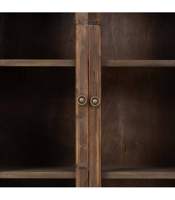 Vitrina baja de madera reciclada con puertas acristaladas y cajón. 4