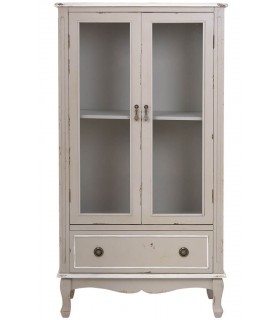 Vitrina baja de madera con puertas acristaladas y cajón en estilo vintage. 1