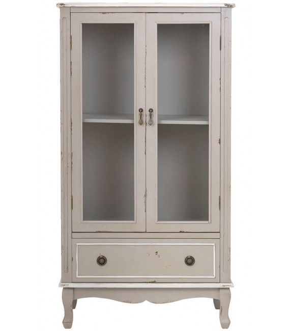 Vitrina baja de madera con puertas acristaladas y cajón en estilo vintage. 1