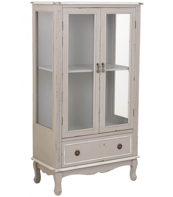 Vitrina baja de madera con puertas acristaladas y cajón en estilo vintage.  Mdmhogar