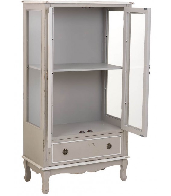 Vitrina baja de madera con puertas acristaladas y cajón en estilo vintage. 2
