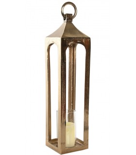 Portavelas alto de metal dorado con cristal. Estilo clásico.  Mdmhogar