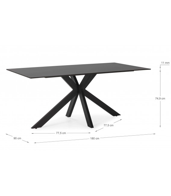Mesa fija de comedor sobre cerámico negro base metálica en aspa. 2