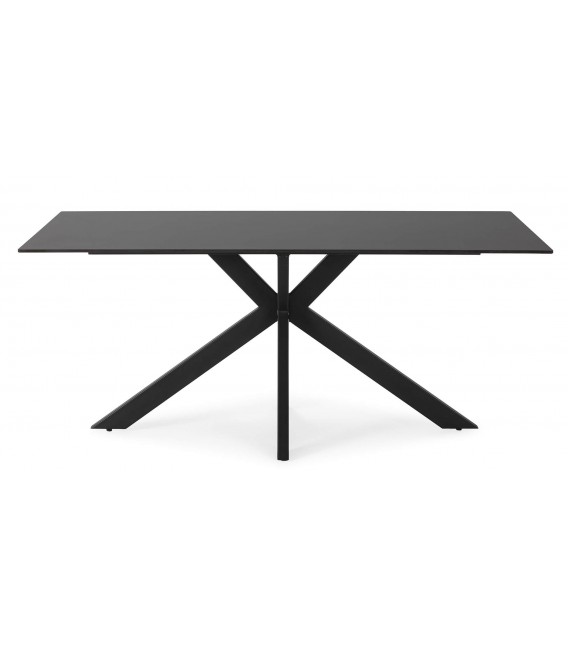 Mesa fija de comedor sobre cerámico negro base metálica en aspa. 1