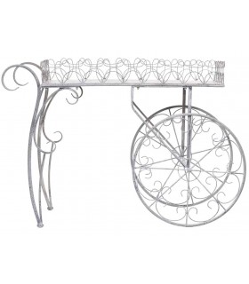 Carro expositor metálico con ruedas decorativas y acabado vintage.