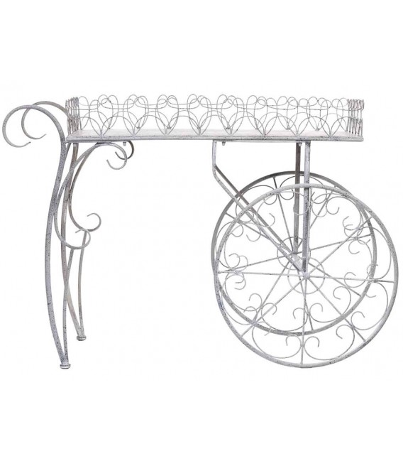 Carro expositor metálico con ruedas decorativas y acabado vintage.