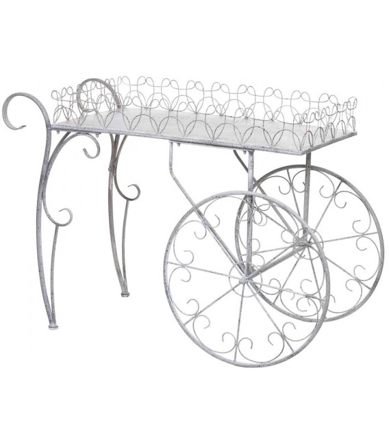 Carro expositor metálico con ruedas decorativas y acabado vintage. Mdmhogar