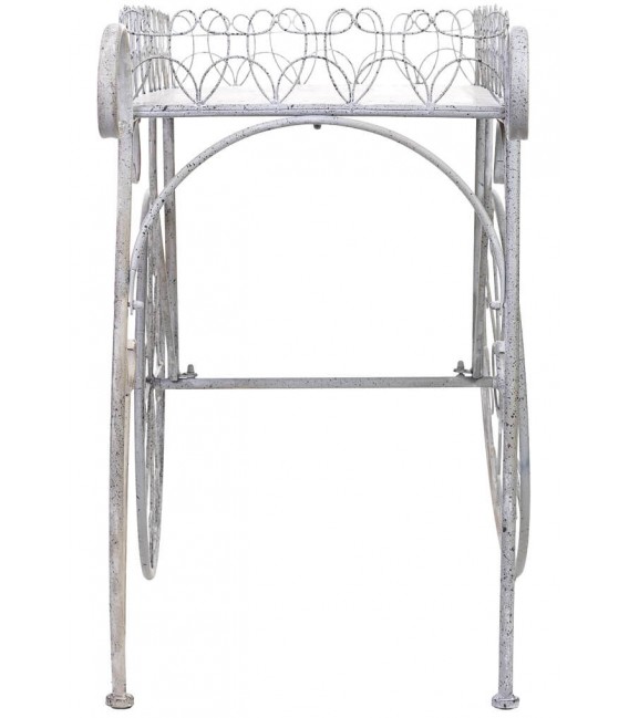 Carro expositor metálico con ruedas decorativas y acabado vintage. 2