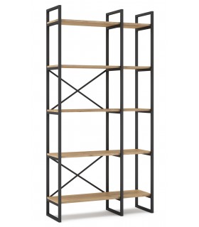 Estantería industrial en melamina roble y estructura de metal negro.