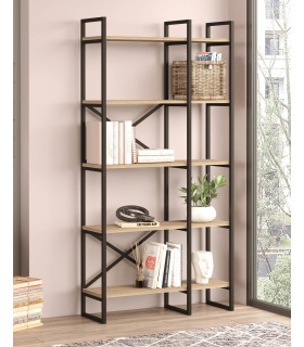 Estantería industrial en melamina roble y estructura de metal negro. Mdmhogar