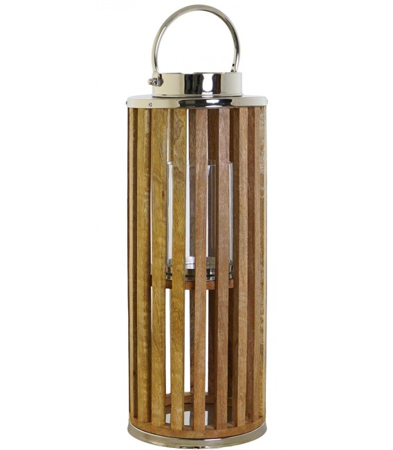 Portavelas alto cilíndrico de madera y metal cromado estilo náutico. 1