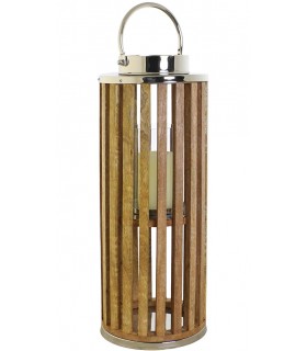Portavelas alto cilíndrico de madera y metal cromado estilo náutico. Mdmhogar