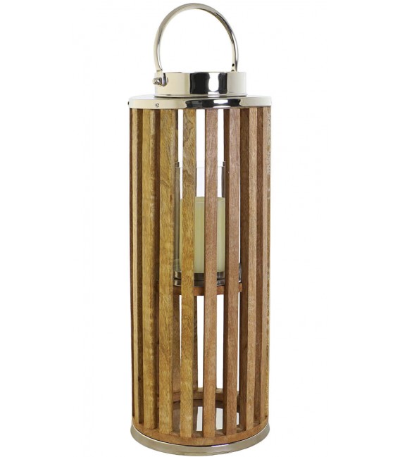 Portavelas alto cilíndrico de madera y metal cromado estilo náutico. Mdmhogar