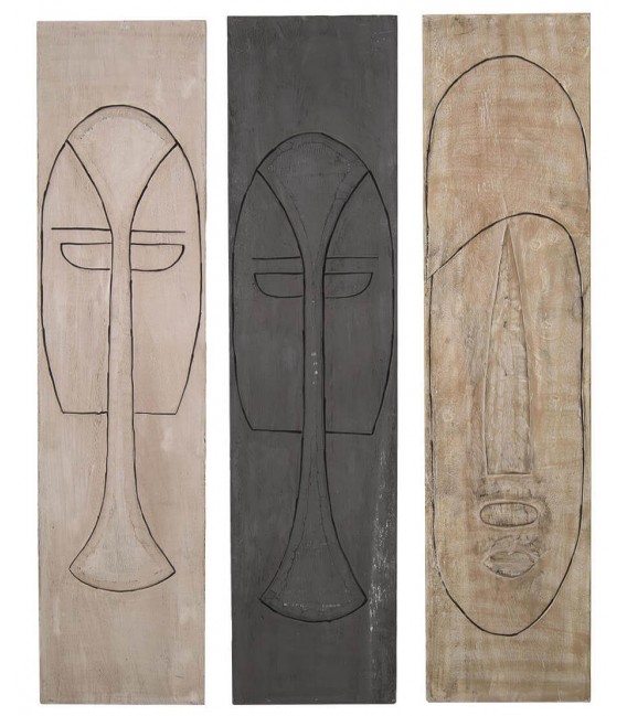 Tríptico étnico tallado madera de Suar con diseño tribal en 3 tonos. Mdmhogar