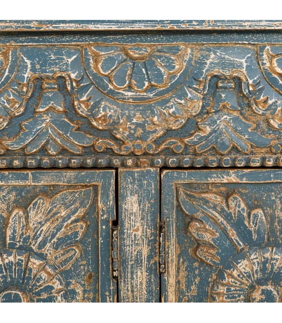 Aparador tallado de mango, 4 puertas, acabado gris azulado decapado. 3
