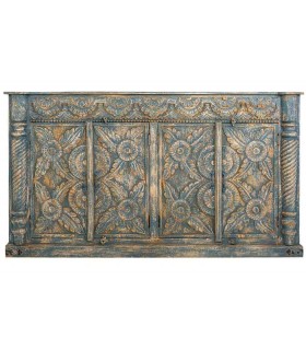 Aparador tallado de mango, 4 puertas, acabado gris azulado decapado.