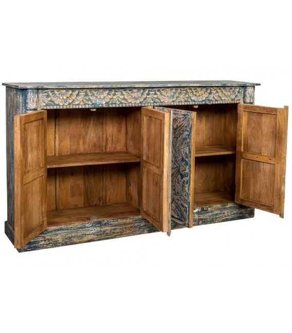 Aparador tallado de mango, 4 puertas, acabado gris azulado decapado. 1