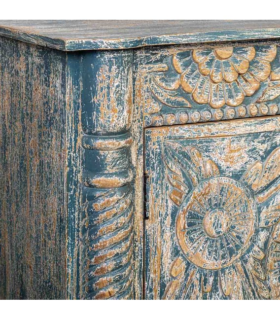 Aparador tallado de mango, 4 puertas, acabado gris azulado decapado. 2