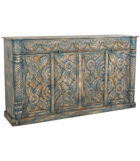 Aparador tallado de mango, 4 puertas, acabado gris azulado decapado. Mdmhogar