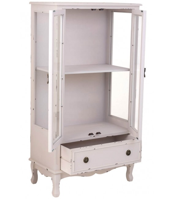Vitrina vintage blanca de madera maciza con 2 puertas y 1 cajón. 1