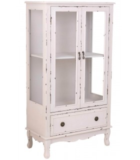 Vitrina vintage blanca de madera maciza con 2 puertas y 1 cajón. Mdmhogar