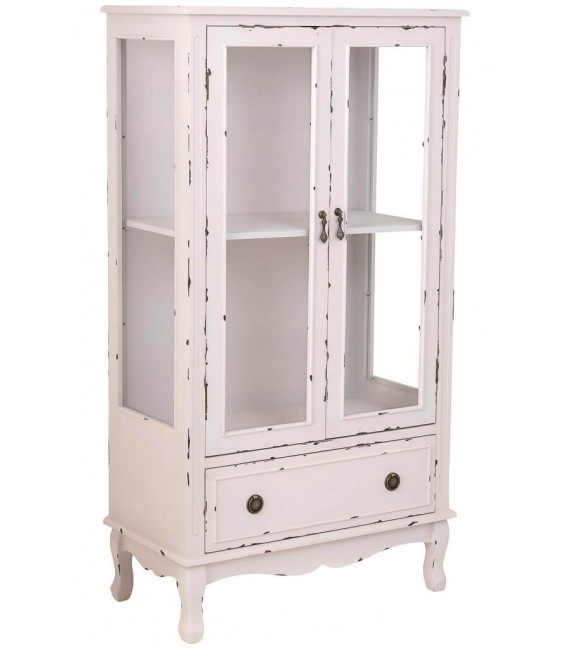 Vitrina vintage blanca de madera maciza con 2 puertas y 1 cajón. Mdmhogar