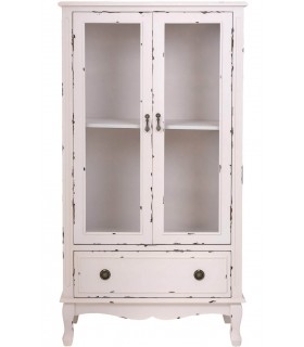 Vitrina vintage blanca de madera maciza con 2 puertas y 1 cajón.