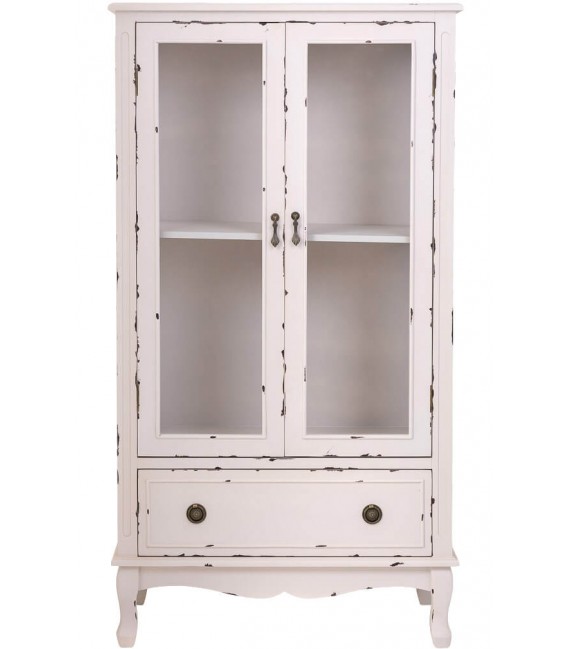 Vitrina vintage blanca de madera maciza con 2 puertas y 1 cajón.