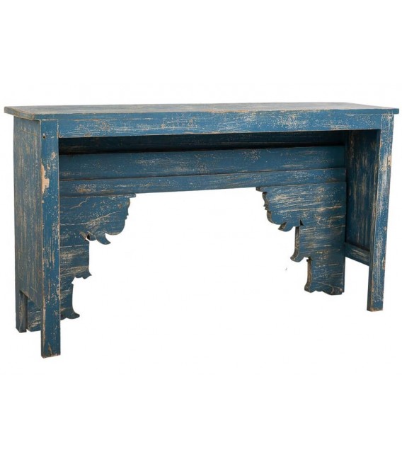 Consola oriental tallada a mano en madera de mango azul decapado.2