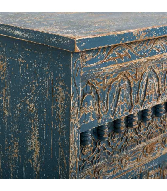 Consola oriental tallada a mano en madera de mango azul decapado.3