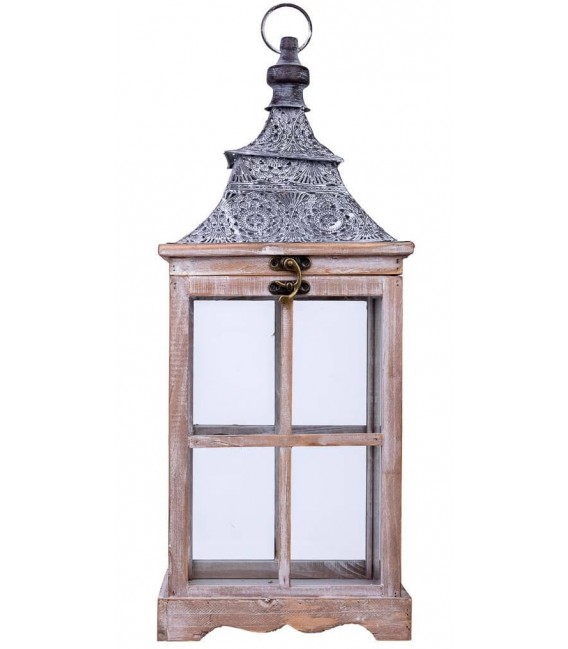 Farol de madera natural y metal repujado en gris, estilo clásico vintage.