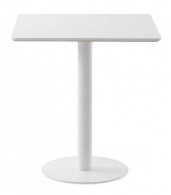 Mesa de comedor cuadrada blanca pie central metálico contemporáneo. 1