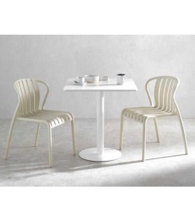 Mesa de comedor cuadrada blanca pie central metálico contemporáneo. Mdmhogar