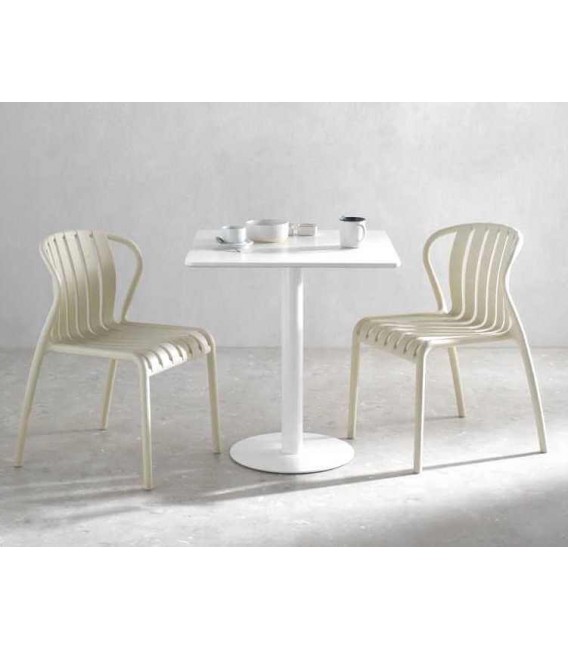 Mesa de comedor cuadrada blanca pie central metálico contemporáneo. Mdmhogar