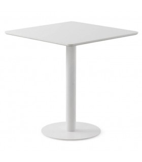 Mesa de comedor cuadrada blanca pie central metálico contemporáneo.