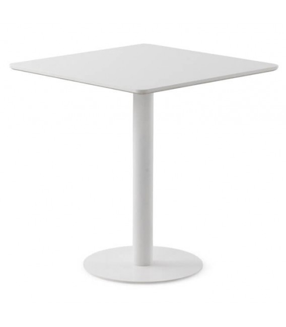 Mesa de comedor cuadrada blanca pie central metálico contemporáneo.