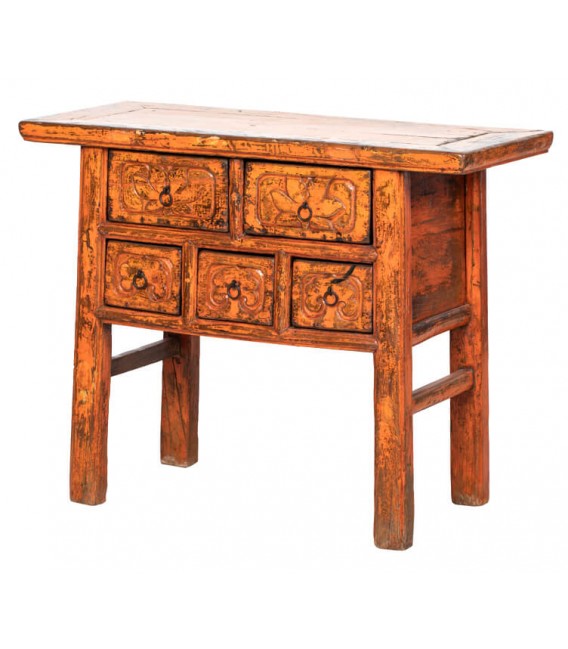 Consola antigua oriental con 5 cajones y acabado naranja satinado. Mdmhogar